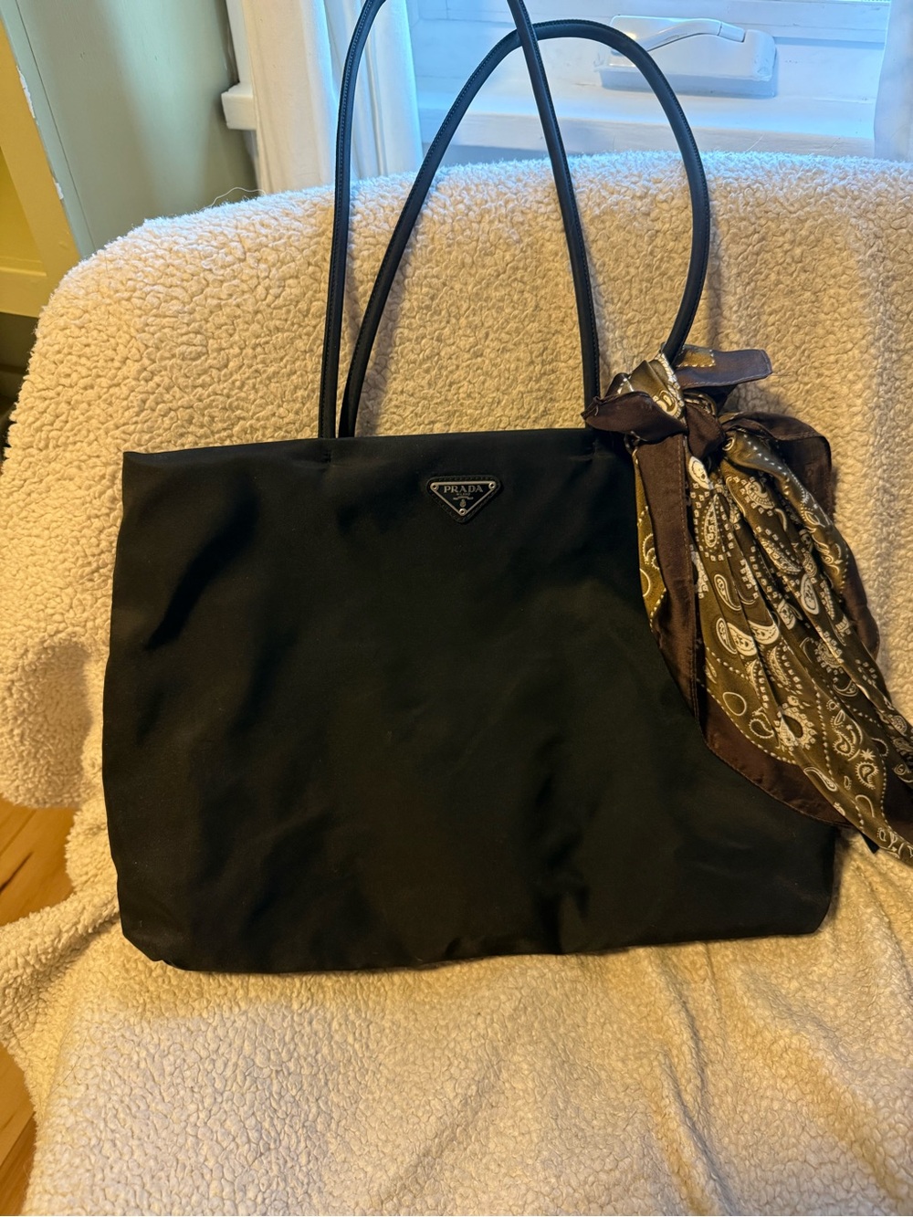 Prada Black Nylon Tote with Paisley Scarf Accent